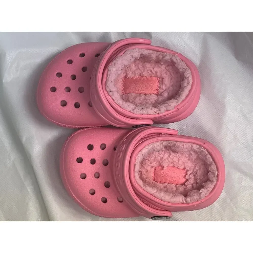 Crocs Classic Lined Clogs Toddler Girls Size C4 Pink Fuzzy Fur Slip On